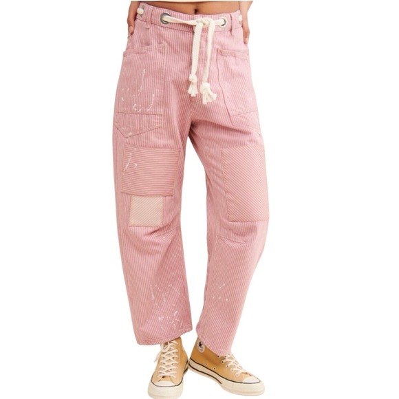 Nwt WE THE FREE Moxie Low Slung Pink Railroad Barrel Jeans Striped Patch Sz 32